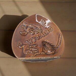 Vintage Wyoming Cowboy Ceramic Ashtray With Rope & Horse Design